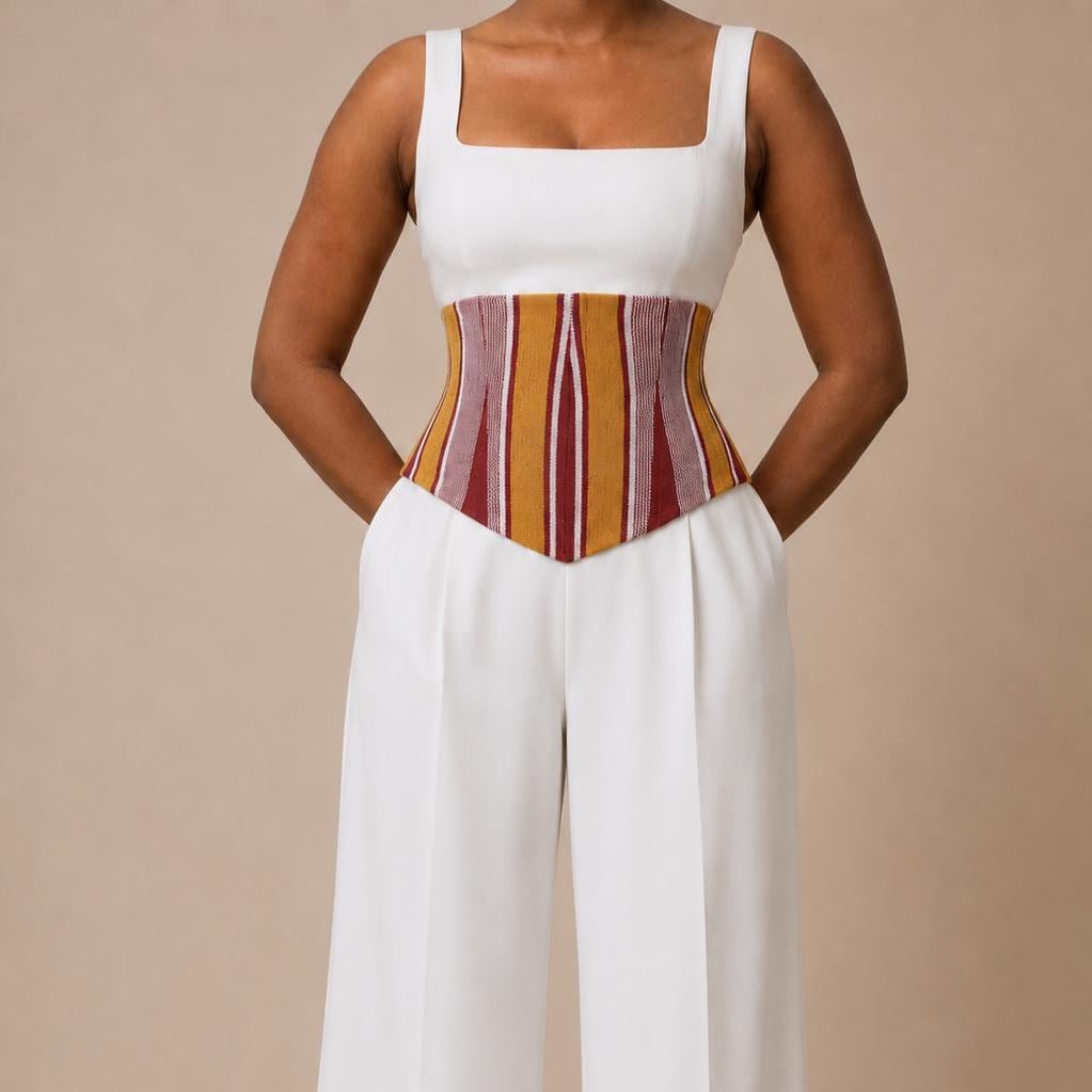 Mustard, burgundy and white Aso Oke corset belt worn over a white shirt, view 4
